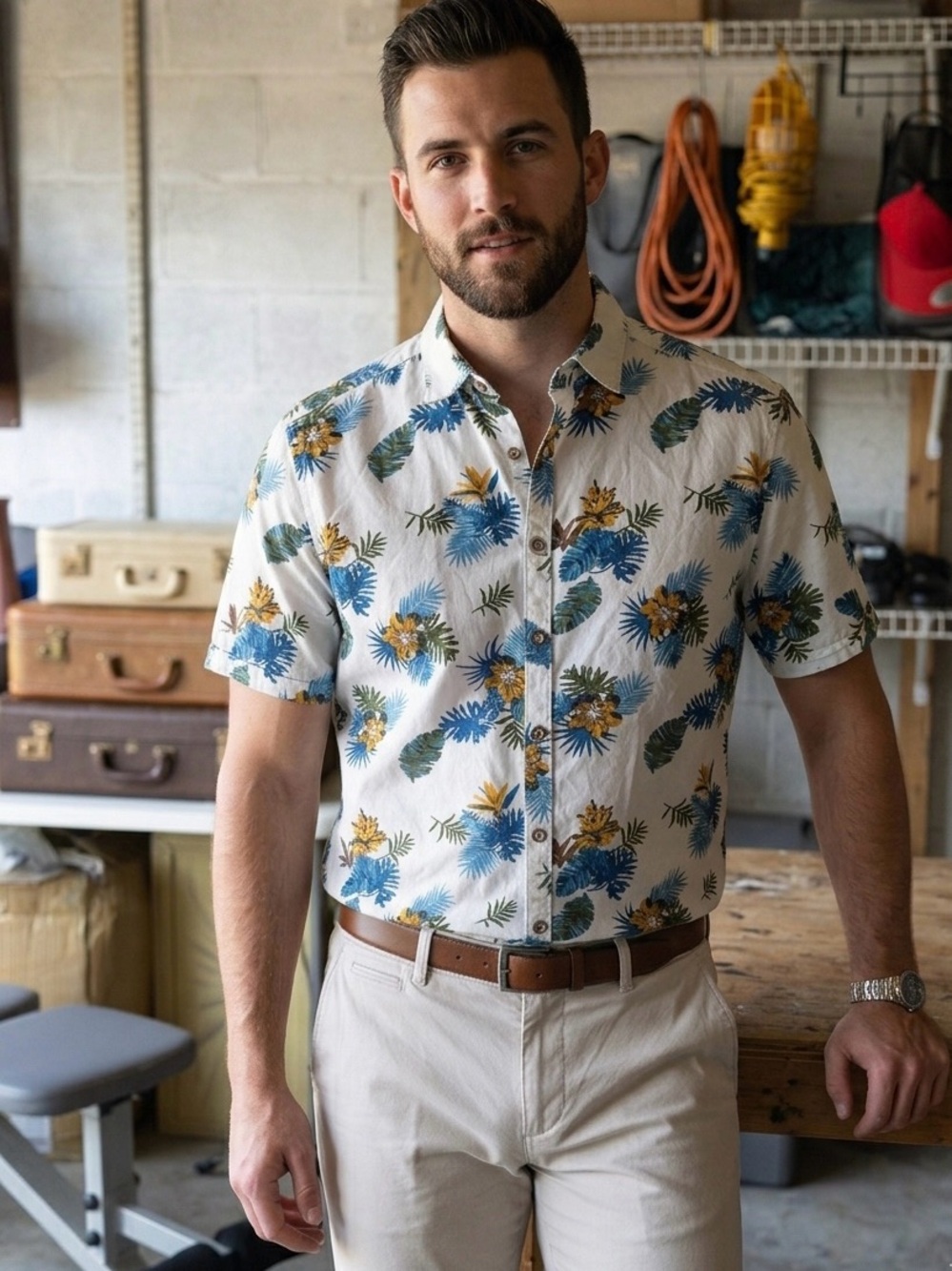 Cactus White Short-Sleeve Button-Down with Blue and Yellow Tropical Print